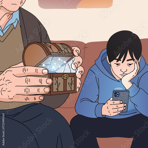 Generational conflict: a young person ignores an older person, obsessed with their smartphone. The concept of digital addiction, loss of communication, traditions, and the devaluation of family values
