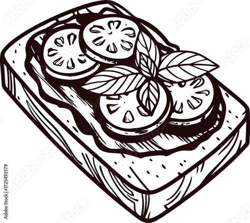 Hand drawn sketch of an open faced sandwich with tomato slices and fresh basil leaves on rustic bread