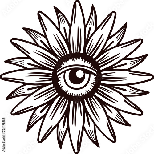 Hand drawn sunflower with a central eye in engraved vintage illustration