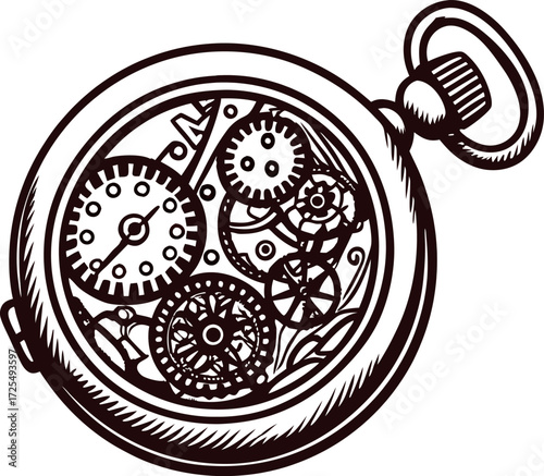 Intricate hand drawn pocket watch with detailed visible clockwork gears and vintage mechanical components illustration