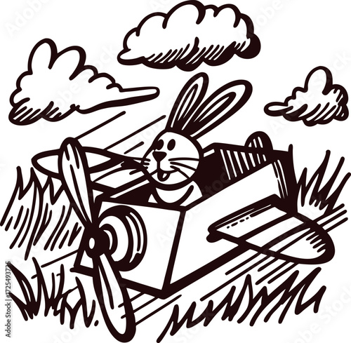 rabbit pilot flying vintage airplane with clouds and grass hand drawn doodle animal adventure illustration