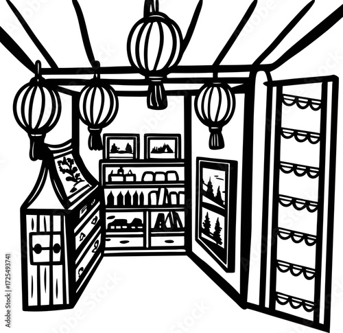 Hand drawn pantry interior with shelves, hanging lanterns, kitchenware and framed wall art in black and white