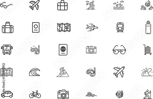 airplane and travel bag thin line icons set. flight, luggage, journey. editable stroke. vector illustration