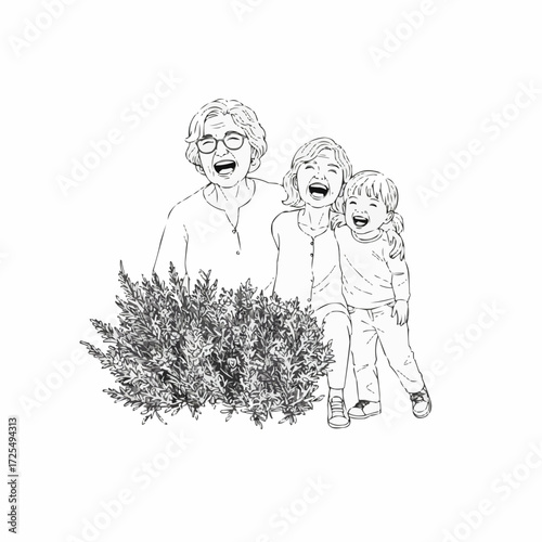 Happy grandmother and two children laughing by a bush outdoors  