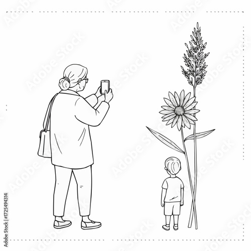 Elderly woman taking photo of young boy beside tall flower