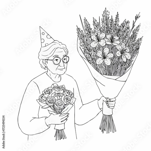 Elderly woman holding bouquets of flowers while celebrating birthday  