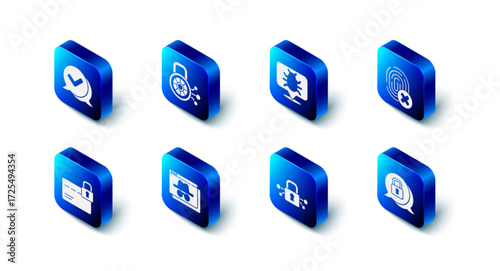 Set Cyber security, System bug, Cancelled fingerprint, Browser incognito window, Credit card with lock and Check mark speech bubble icon. Vector