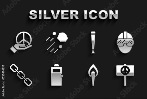 Set Police assault shield, Special forces soldier, Peace, Torch flame, Chain link, rubber baton, and Flying stone icon. Vector