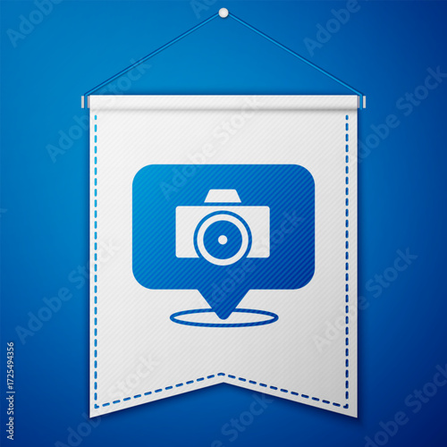 Blue Photo camera icon isolated on blue background. Foto camera. Digital photography. White pennant template. Vector