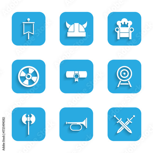 Set Decree, parchment, scroll, Trumpet, Crossed medieval sword, Target with arrow, Medieval axe, Round wooden shield, throne and flag icon. Vector
