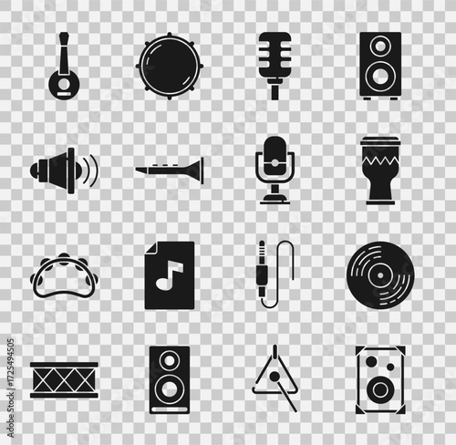 Set Stereo speaker, Vinyl disk, Drum, Microphone, Clarinet, Speaker volume, Banjo and icon. Vector
