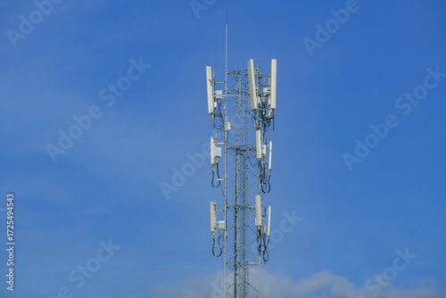 Telecommunication tower of 4G and 5G cellular. Antenna transmission communication. Cell phone signal base station.