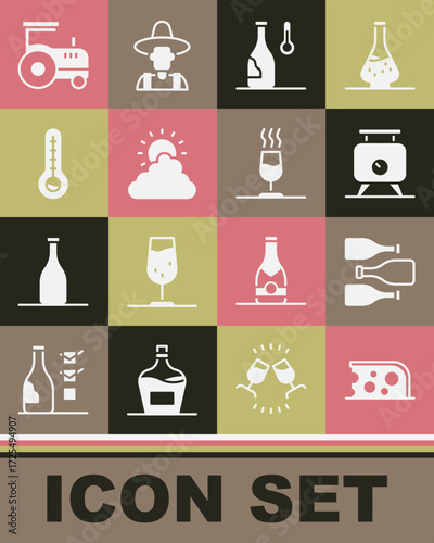 Set Cheese, Bottles of wine, Fermentation grapes, Wine temperature, Sun and cloud weather, Meteorology thermometer, Tractor and tasting, degustation icon. Vector