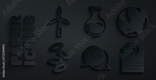 Set Label for eco healthy food, Earth globe, Hemoglobin, Eco paper with leaf, Test tube and flask and Wind turbine icon. Vector