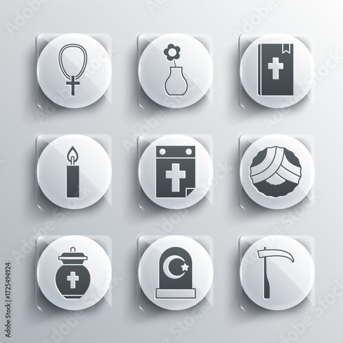 Set Muslim cemetery, Scythe, Memorial wreath, Calendar death, Funeral urn, Burning candle, Christian cross on chain and Holy bible book icon. Vector