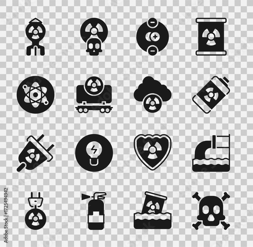 Set Bones and skull warning, Wastewater, Nuclear energy battery, Atom, Radioactive cargo train, bomb and Acid radioactive cloud icon. Vector