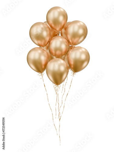 Gold balloons bunch. Party celebration balloons on isolated background. 3d rendering. Applicable for birthday holiday design.