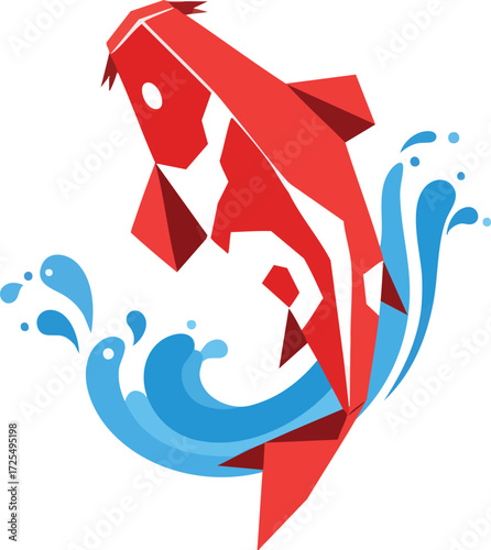 Geometric illustration of red koi carp jumping out of water