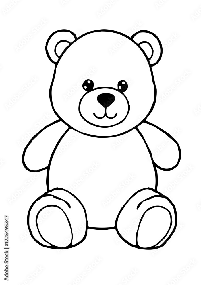 Obraz premium A simple black-and-white line drawing of a cute, sitting teddy bear — perfect for coloring, with soft round features and friendly expression.