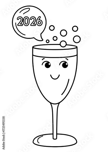 A cheerful champagne glass with a smiling face, bubbles rising to a “2026” speech bubble — simple, festive line art perfect for New Year’s coloring.