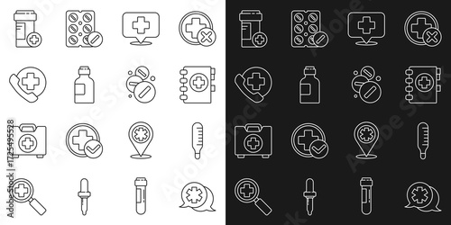 Set line Dialogue with the doctor, Medical thermometer, clipboard, Map pointer cross hospital, Bottle of medicine syrup, Emergency phone call, Medicine bottle and pill tablet icon. Vector