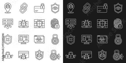 Set line Cyber security, Safe combination lock, Cancelled fingerprint, Credit card with, System bug monitor, Server, Data, Web Hosting, and Shield brick wall icon. Vector