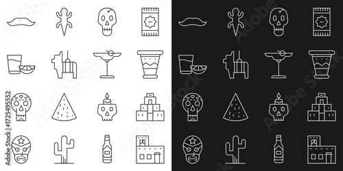 Set line Mexican house, Chichen Itza in Mayan, drum, Skull, Pinata, Tequila glass with lemon, Mustache and Margarita cocktail icon. Vector