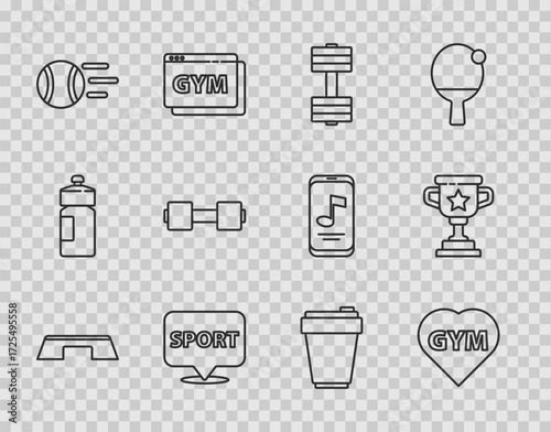 Set line Step platform, Fitness gym heart, Dumbbell, Location, Tennis ball, shaker and Award cup icon. Vector