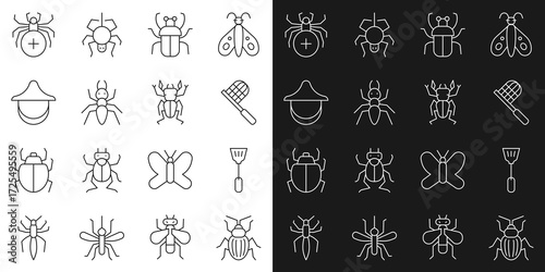 Set line Chafer beetle, Fly swatter, Butterfly net, Stink bug, Ant, Beekeeper hat, Spider and Beetle deer icon. Vector