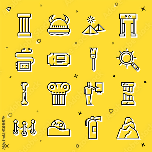 Set line Rock stones, Broken ancient column, Magnifying glass, Egypt pyramids, Museum ticket, audio guide, Ancient and Paint brush icon. Vector
