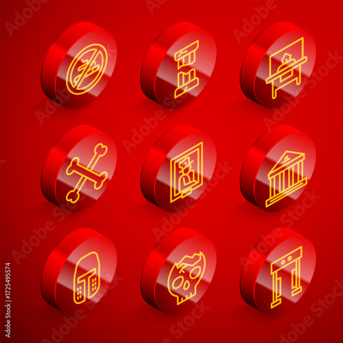 Set line No Smoking, Broken ancient column, Glass showcase for exhibit, Crossed human bones, Portrait museum, Museum building, Medieval iron helmet and skull icon. Vector