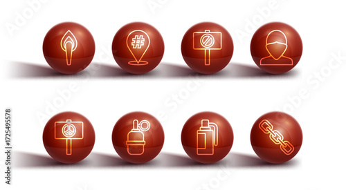 Set line Torch flame, Peace, Vandal, Hand grenade, Protest, Chain link and icon. Vector