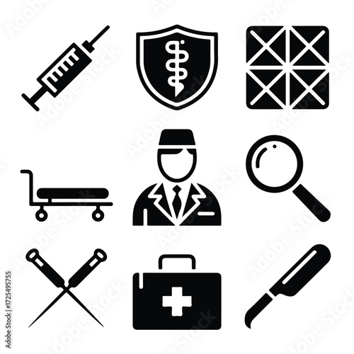 Vector icons of medical tools and health symbols for web design