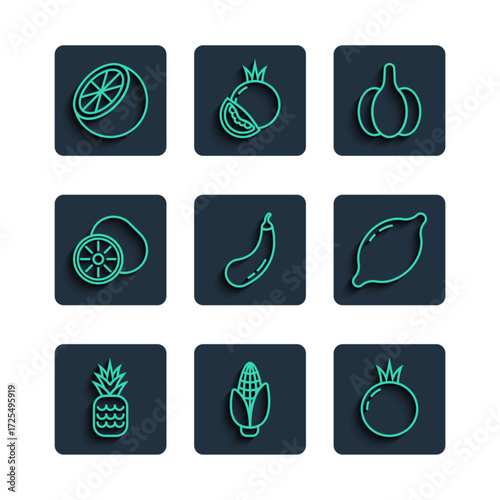Set line Pineapple, Corn, Tomato, Garlic, Eggplant, Kiwi fruit, Orange and Lemon icon. Vector
