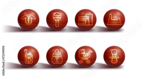 Set line Baby clothes, Monitor Walkie Talkie, potty, stroller, bottle, Rattle baby toy, dummy pacifier and food icon. Vector