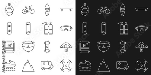 Set line Drone flying, Hang glider, Ski goggles, Surfboard, Skateboard trick, Snowboard, Helmet and action camera and Aqualung icon. Vector