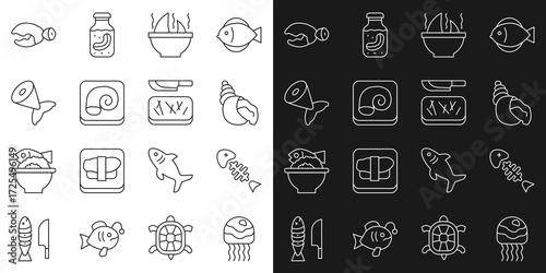 Set line Jellyfish, Fish skeleton, Scallop sea shell, Shark fin soup, Octopus plate, tail, Lobster or crab claw and Cutting board and knife icon. Vector