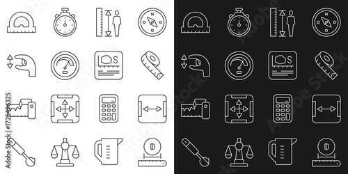Set line Diameter, Area measurement, Measuring tape, height body, Speedometer, Approximate measurements, Protractor and icon. Vector