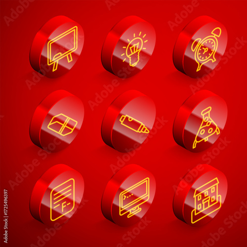 Set line Chalkboard, Light bulb, Alarm clock, Eraser or rubber, Marker pen, Test tube and flask, Exam paper with incorrect answers and Computer monitor icon. Vector