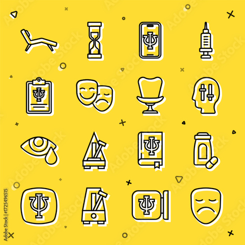 Set line Drama theatrical mask, Sedative pills, Solution to problem, Psychologist online, Comedy and tragedy masks, Psychology, Psi, Armchair and icon. Vector