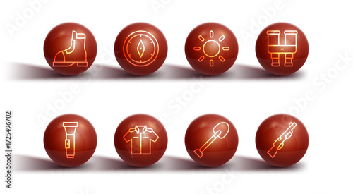 Set line Hunter boots, Flashlight, Binoculars, Shovel, Shirt, Compass, Hunting gun and Sun icon. Vector