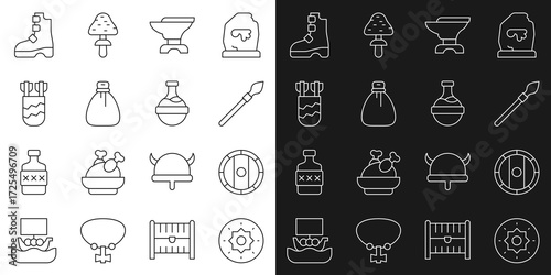 Set line Shield viking, Medieval spear, Anvil for blacksmithing, Old money bag, Quiver with arrows, Ancient boots and Bottle potion icon. Vector