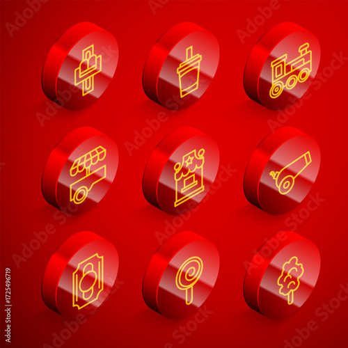Set line Attraction carousel, Paper glass with water, Toy train, Fast street food cart, Ticket box office, Cannon, Circus ticket and Lollipop icon. Vector