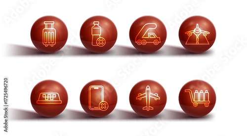 Set line Suitcase, Taxi car roof, Plane, No cell phone, water bottle, Trolley baggage and Passenger ladder for plane boarding icon. Vector