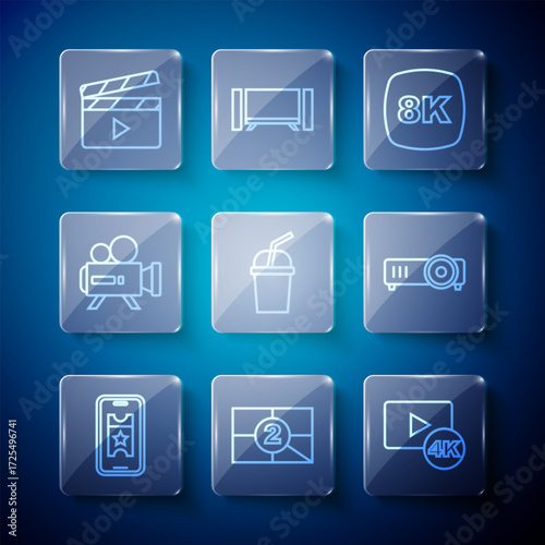 Set line Buy cinema ticket online, Old film movie countdown frame, Screen tv with 4k, 8k Ultra HD, Paper glass water, Retro camera, Movie clapper and Movie, film, media projector icon. Vector