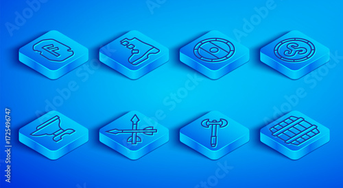 Set line Magic rune, Ancient viking boots, Shield, Medieval arrows, poleaxe, Anvil for blacksmithing and Wooden barrel icon. Vector