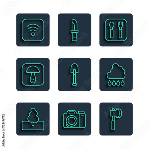 Set line Tree, Photo camera, Wooden axe, Fork and spoon, Shovel, Mushroom, Wi-Fi wireless internet and Cloud with rain icon. Vector