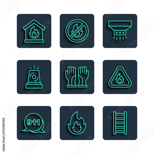 Set line Emergency call 911, Fire flame, escape, sprinkler system, Firefighter gloves, Flasher siren, burning house and triangle icon. Vector