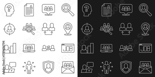Set line Project team base, Search job, Worker location, Magnifying glass for search, Head hunting, and Exchange work icon. Vector