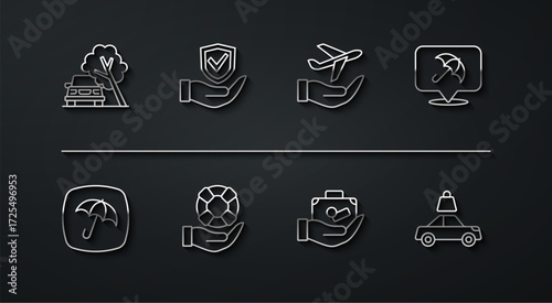 Set line Car damaged by fallen tree, Umbrella, Travel suitcase in hand, Lifebuoy, Shield, insurance and Plane icon. Vector